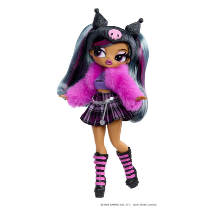 L.O.L. Surprise! O.M.G. Loves Hello Kitty and Friends Kuromi fashion doll with pink faux fur jacket and Kuromi jester hat.