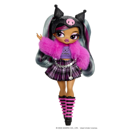 A Sanrio Kuromi doll with long gray and pink hair, wearing a black cat-ear headband with a pink pig emblem, a bright pink faux-fur jacket, a purple plaid top and skirt, and pink-and-black striped leg warmers, shown on a plain white background.