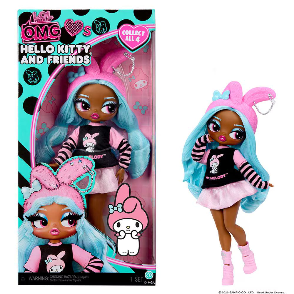 L.O.L. Surprise! O.M.G. Loves Hello Kitty and Friends My Melody fashion doll with pink bunny ear hat and blue hair.