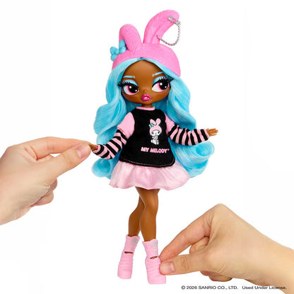 L.O.L. Surprise! O.M.G. Loves Hello Kitty and Friends My Melody fashion doll with pink bunny ear hat and blue hair.