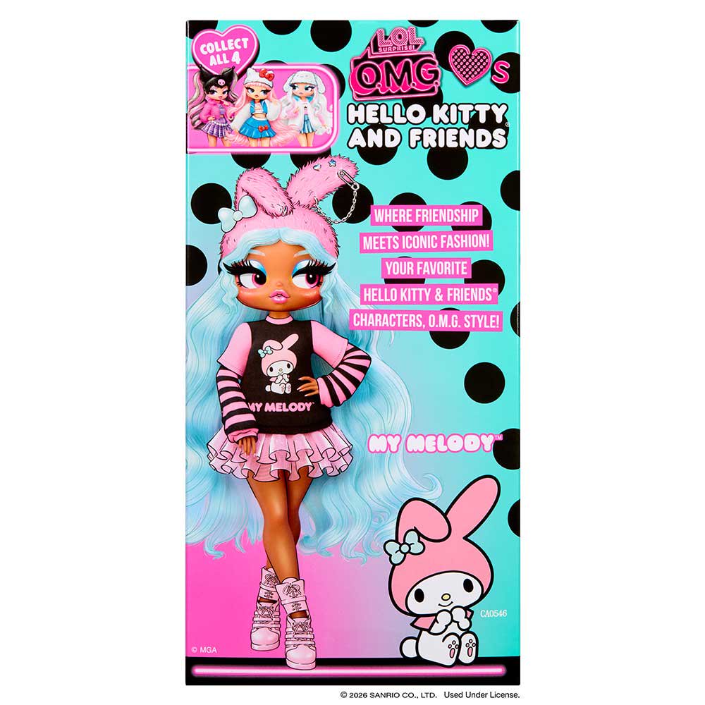 L.O.L. Surprise! O.M.G. Loves Hello Kitty and Friends My Melody fashion doll with pink bunny ear hat and blue hair.