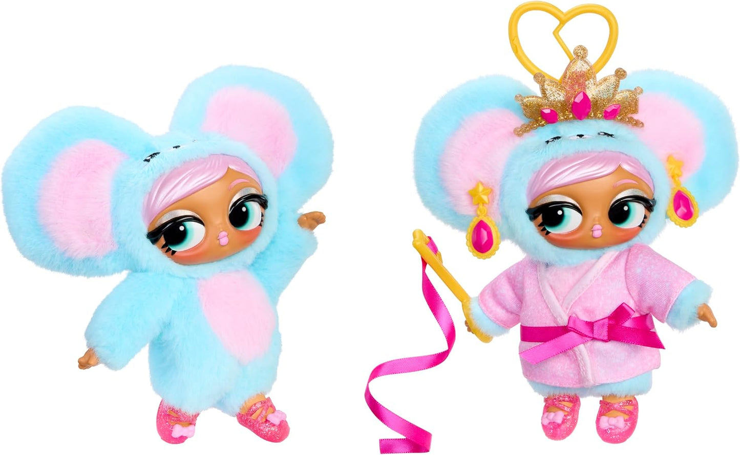 L.O.L. Surprise! Plush Surprise Bear-A-Rina ballerina plush bear doll with heart keychain clip and ribbon wand.