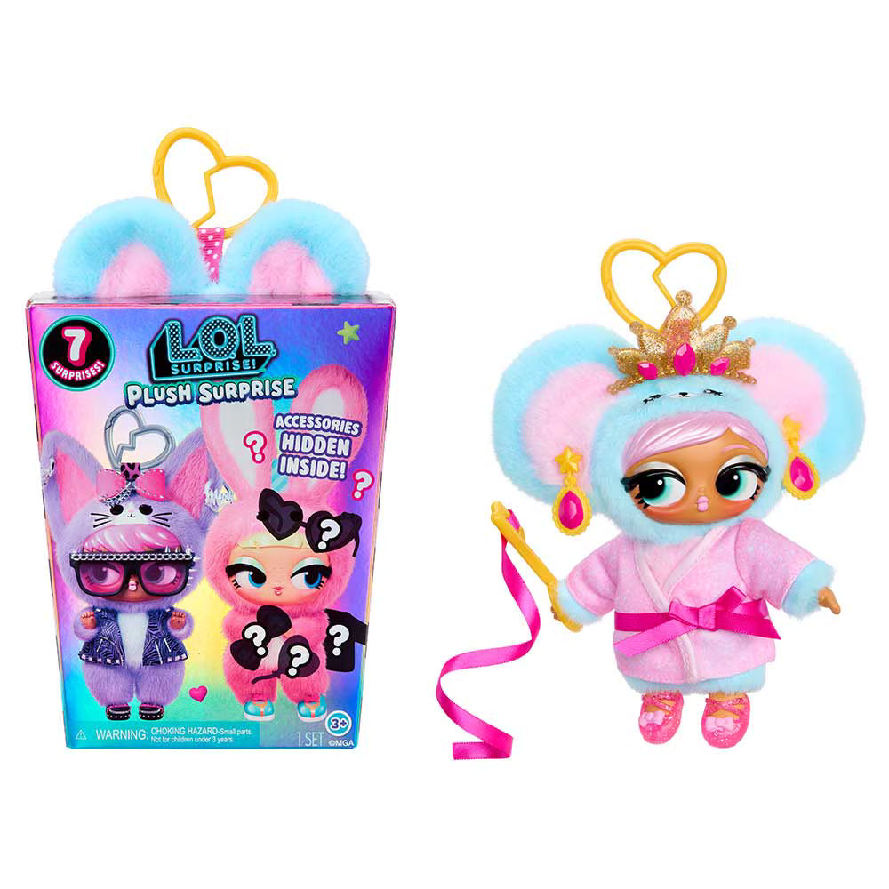 L.O.L. Surprise! Plush Surprise Bear-A-Rina ballerina plush bear doll with heart keychain clip and ribbon wand.