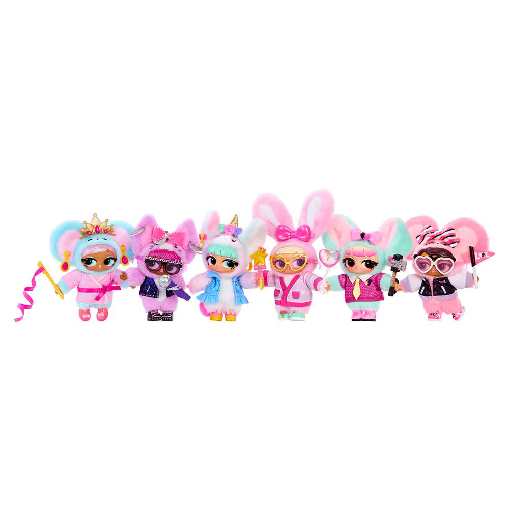 Set of six colorful dolls with unique outfits on a white background
