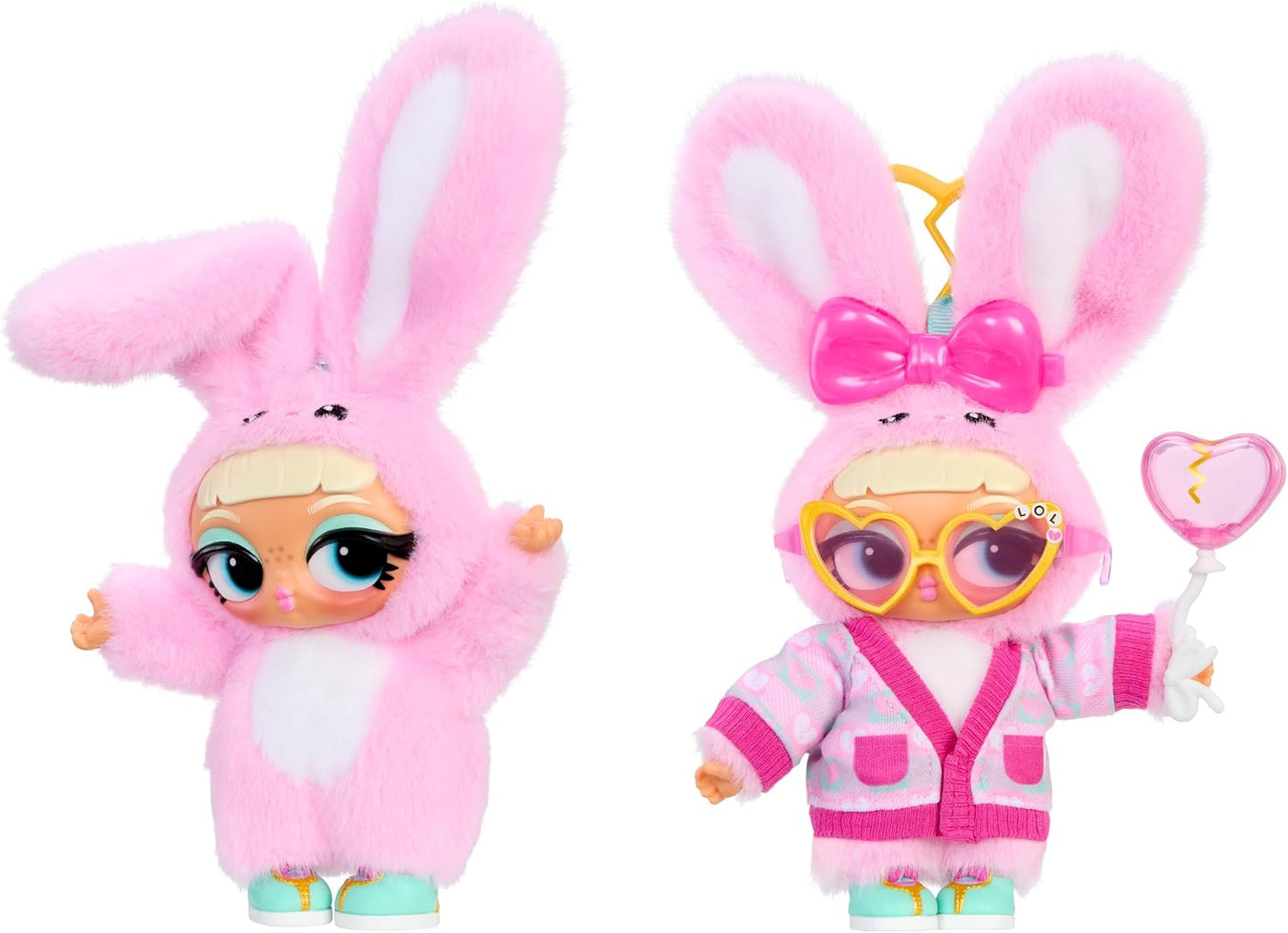 Two pink bunny-themed doll figures shown side by side on a plain white background. The left figure wears a fluffy pink bunny suit with long ears and a white inner lining.