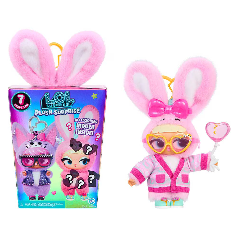 L.O.L. Surprise! Plush Surprise Cinna-Bun pink bunny plush doll wearing a cozy cardigan and holding a heart wand.