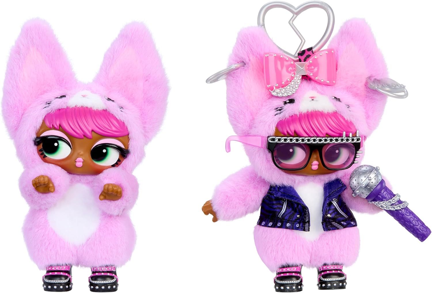 Two pink plush bunny character keychains or doll figures on a plain white background. The left figure wears a fuzzy pink bunny suit with long ears, large eyes, and pink hair.
