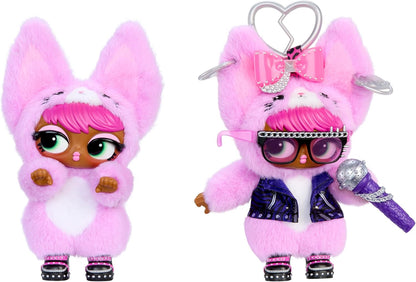 Two pink plush bunny character keychains or doll figures on a plain white background. The left figure wears a fuzzy pink bunny suit with long ears, large eyes, and pink hair.