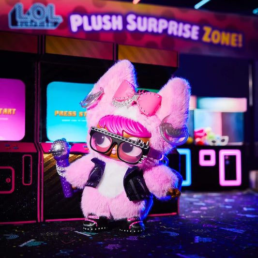 Pink plush toy with glasses and a microphone in front of a 'Plush Surprise Zone' sign.