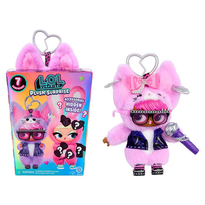 L.O.L. Surprise! Plush Surprise E-Meow Rocker pink kitty plush doll wearing a rockstar vest and holding a toy microphone.