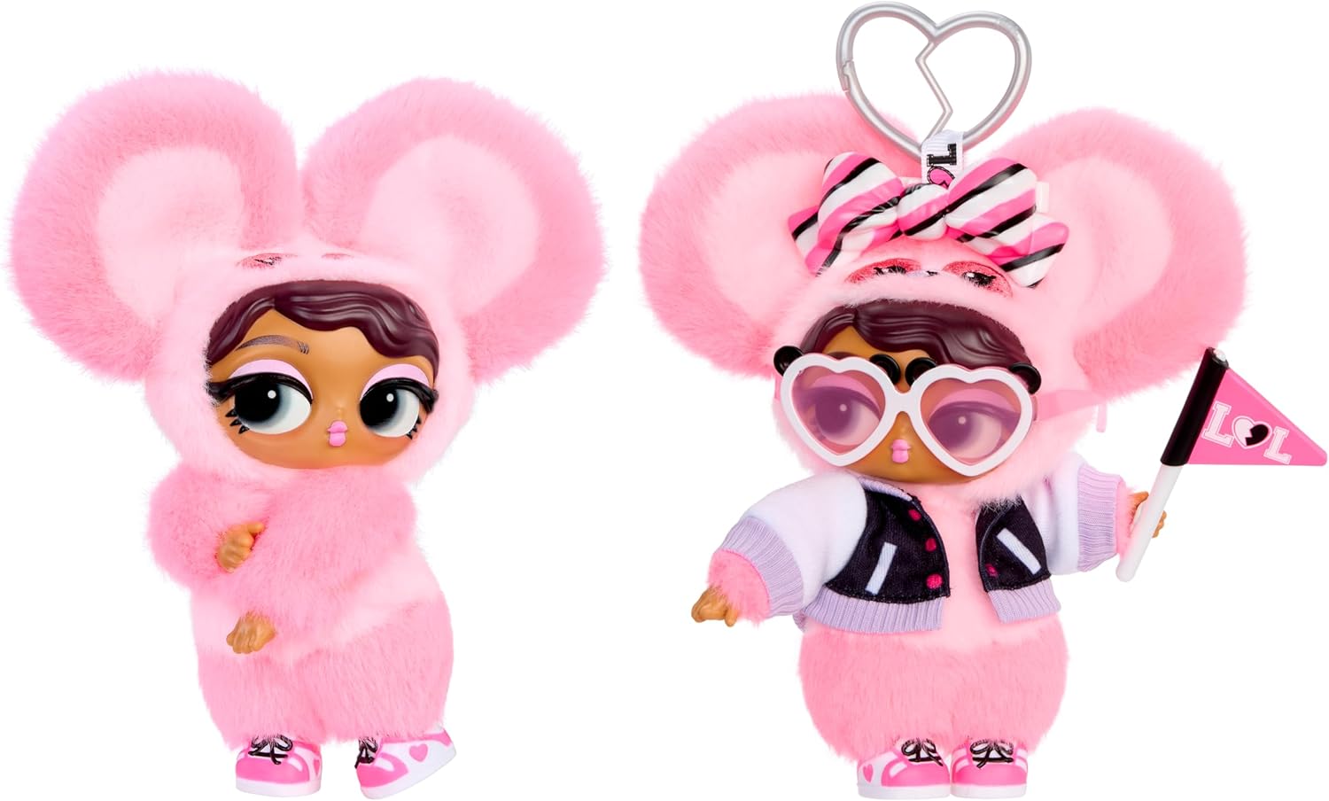 Two pink plush mouse-themed doll keychains on a white background. One has a plain pink outfit, and the other wears a pink-and-white outfit with a pink-and-white striped hat, heart-shaped sunglasses, and holds a small pink flag.