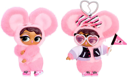 Two pink plush mouse-themed doll keychains on a white background. One has a plain pink outfit, and the other wears a pink-and-white outfit with a pink-and-white striped hat, heart-shaped sunglasses, and holds a small pink flag.