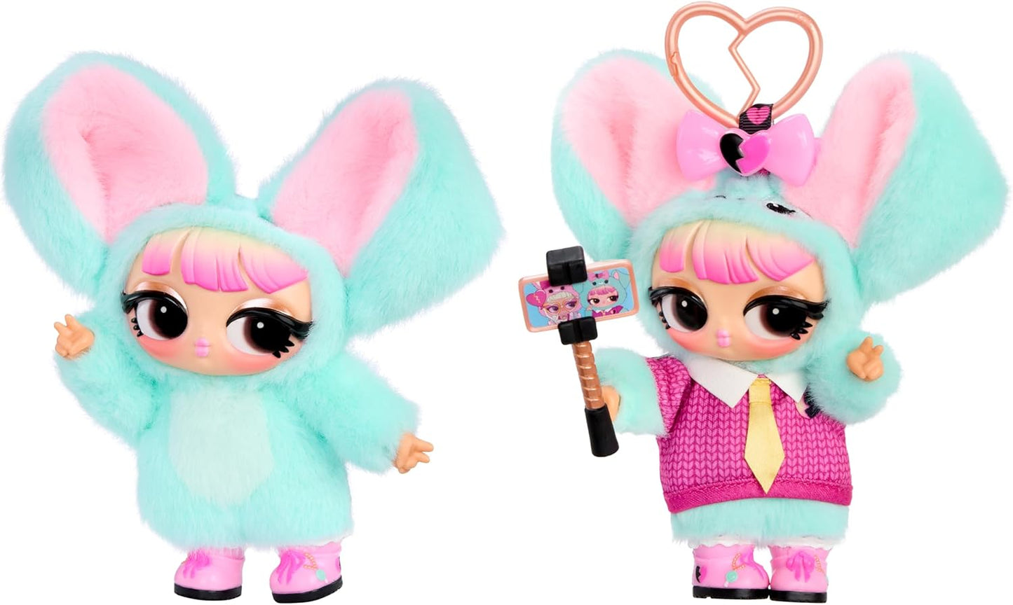 L.O.L. Surprise! Plush Surprise Pup-Tart K-pop puppy plush doll with heart keychain clip holding toy hammer.