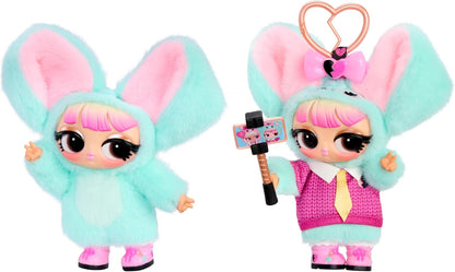 L.O.L. Surprise! Plush Surprise Pup-Tart K-pop puppy plush doll with heart keychain clip holding toy hammer.
