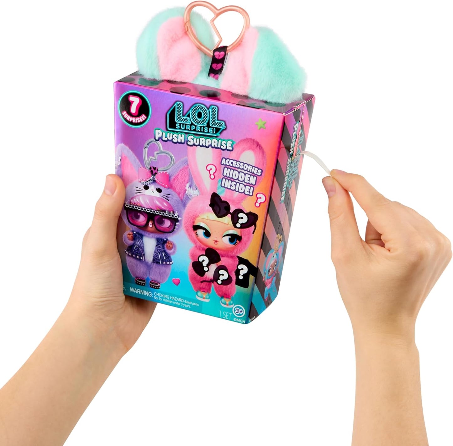 L.O.L. Surprise! Plush Surprise Pup-Tart K-pop puppy plush doll with heart keychain clip holding toy hammer.