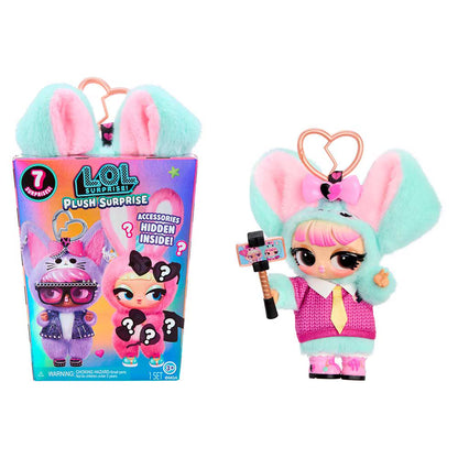 L.O.L. Surprise! Plush Surprise Pup-Tart K-pop puppy plush doll with heart keychain clip holding toy hammer.