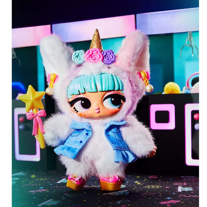Colorful toy figure with a unicorn horn and star wand on a vibrant background