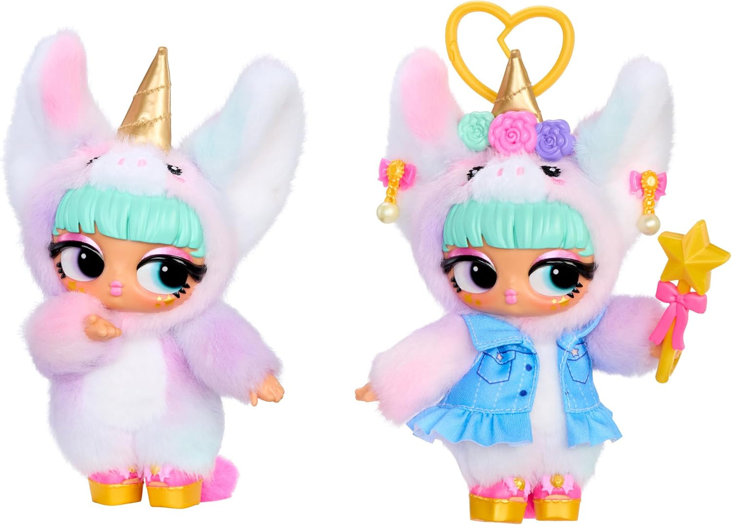 Two plush unicorn-themed doll figures on a plain white background. The left figure wears a fuzzy pastel unicorn suit with a gold horn and pink boots.