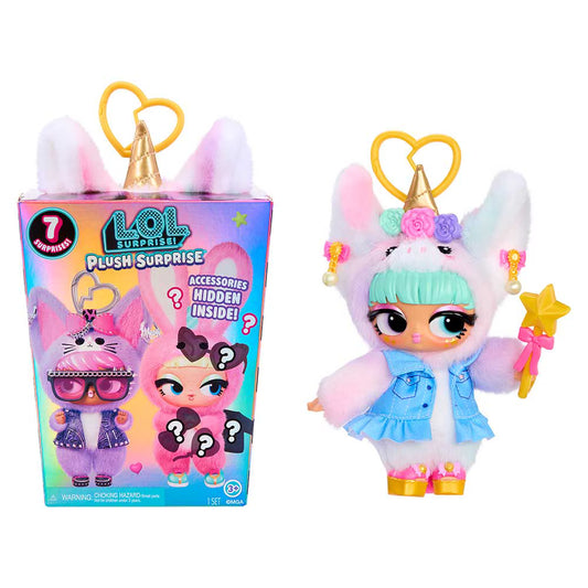L.O.L. Surprise! Plush Surprise Unique-Cora pastel unicorn plush doll wearing a denim vest and holding a star wand.
