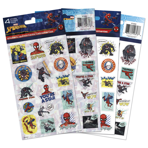 Four sheets of officially licensed Marvel Spider-Man educational and reward stickers by Sandylion featuring motivational quotes.