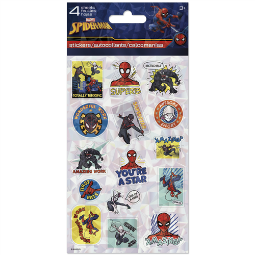 Spider-Man stickers in a packaging with various designs on a white background