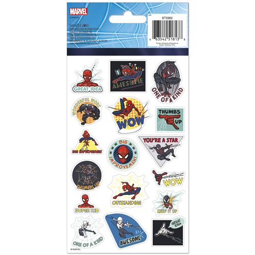 Marvel stickers with Spider-Man graphics on a white card with blue border