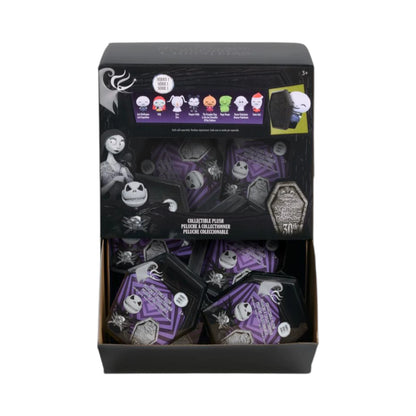 Box of Disney The Nightmare Before Christmas 3.5 Inch Collectible Plush - Series 1 with purple and black design, featuring characters from 'The Nightmare Before Christmas'.