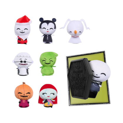 Set of Disney The Nightmare Before Christmas 3.5 Inch Collectible Plush - Series 1 plush toys with a coffin-shaped product on a white background