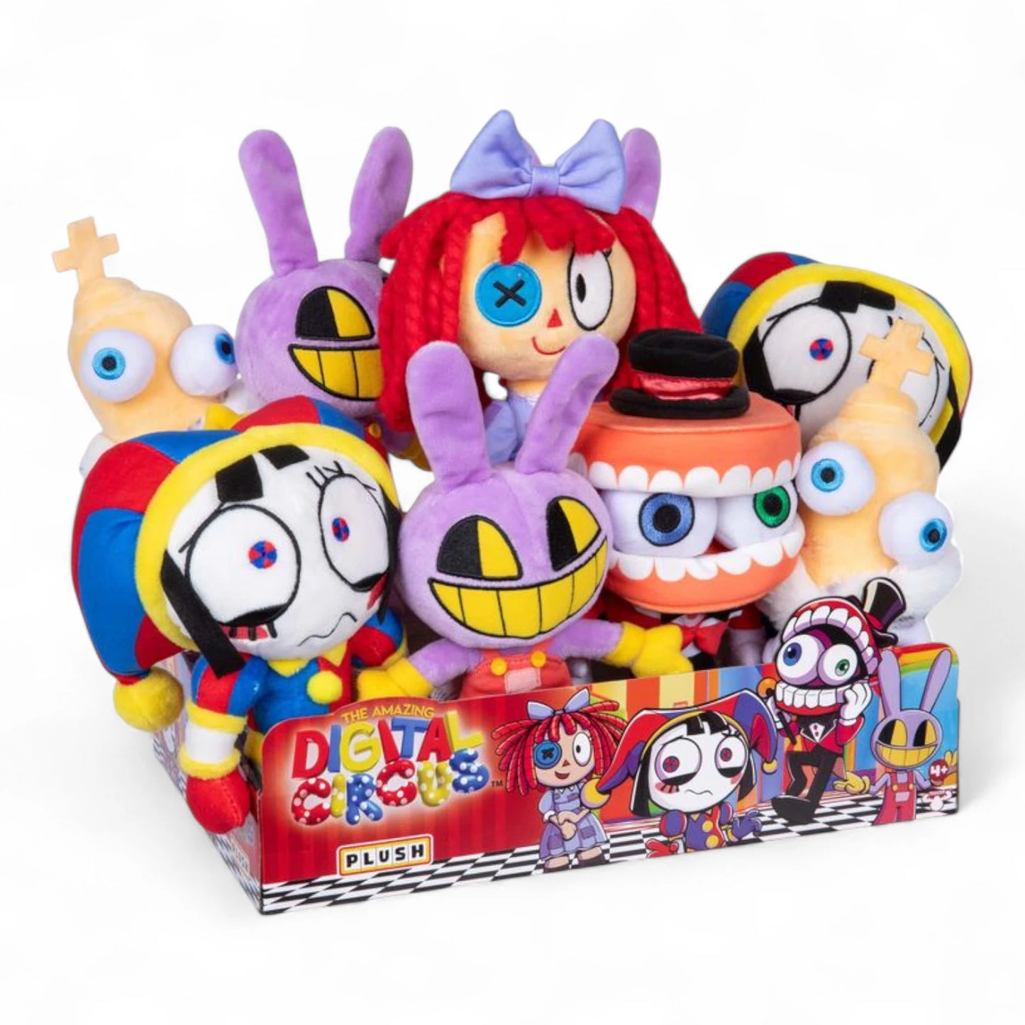 The Amazing Digital Circus 8 Inch Deluxe Plush characters in box display