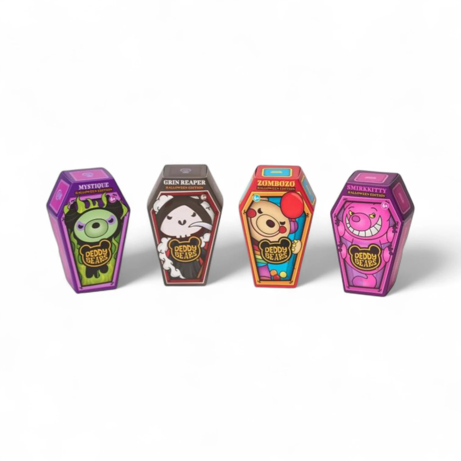 Four Deddy Bears Halloween Edition Plush in colorful coffin-shaped boxes with characters on a white background
