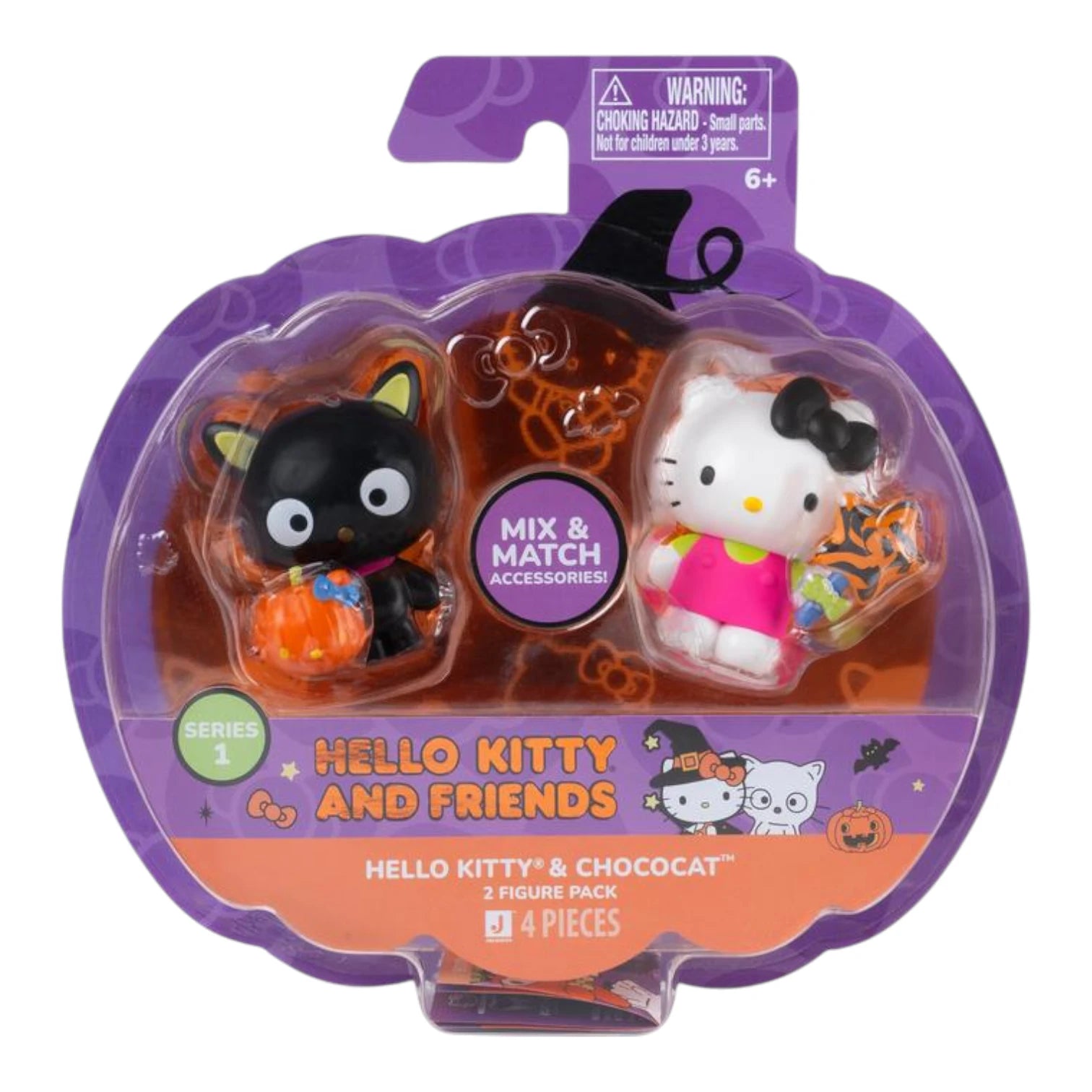Halloween-themed packaging with Hello Kitty and Chococat figures inside, on a white background.
