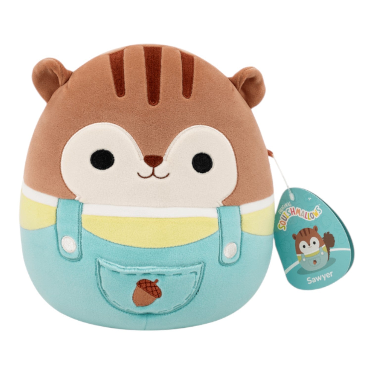 2025 Harvest Squishmallows 8" Sawyer squirrel wearing overalls