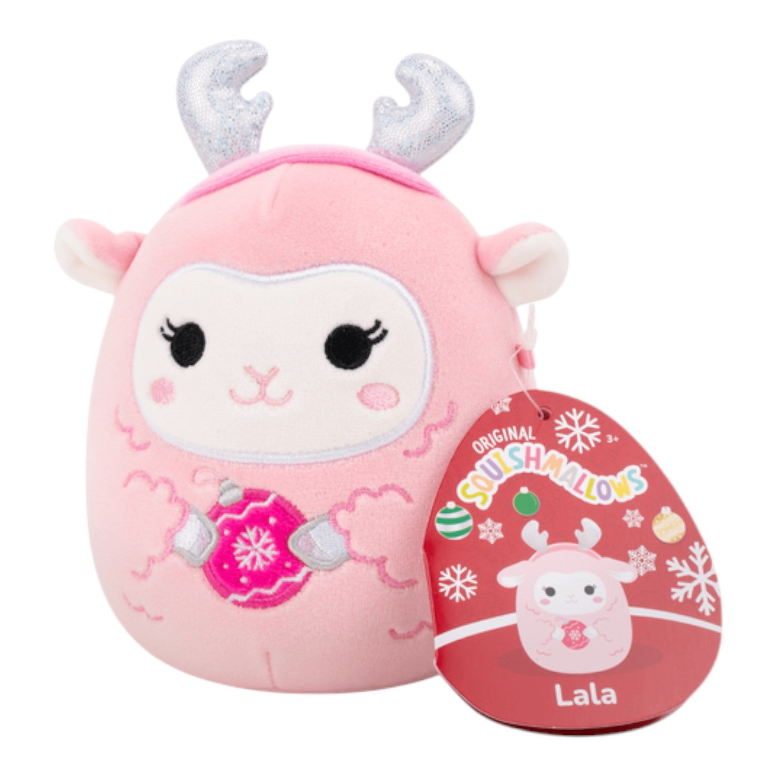 5" Holiday Squishmallows 2025 Lala Lamb with Silver Antlers, holding a pink tree ornament