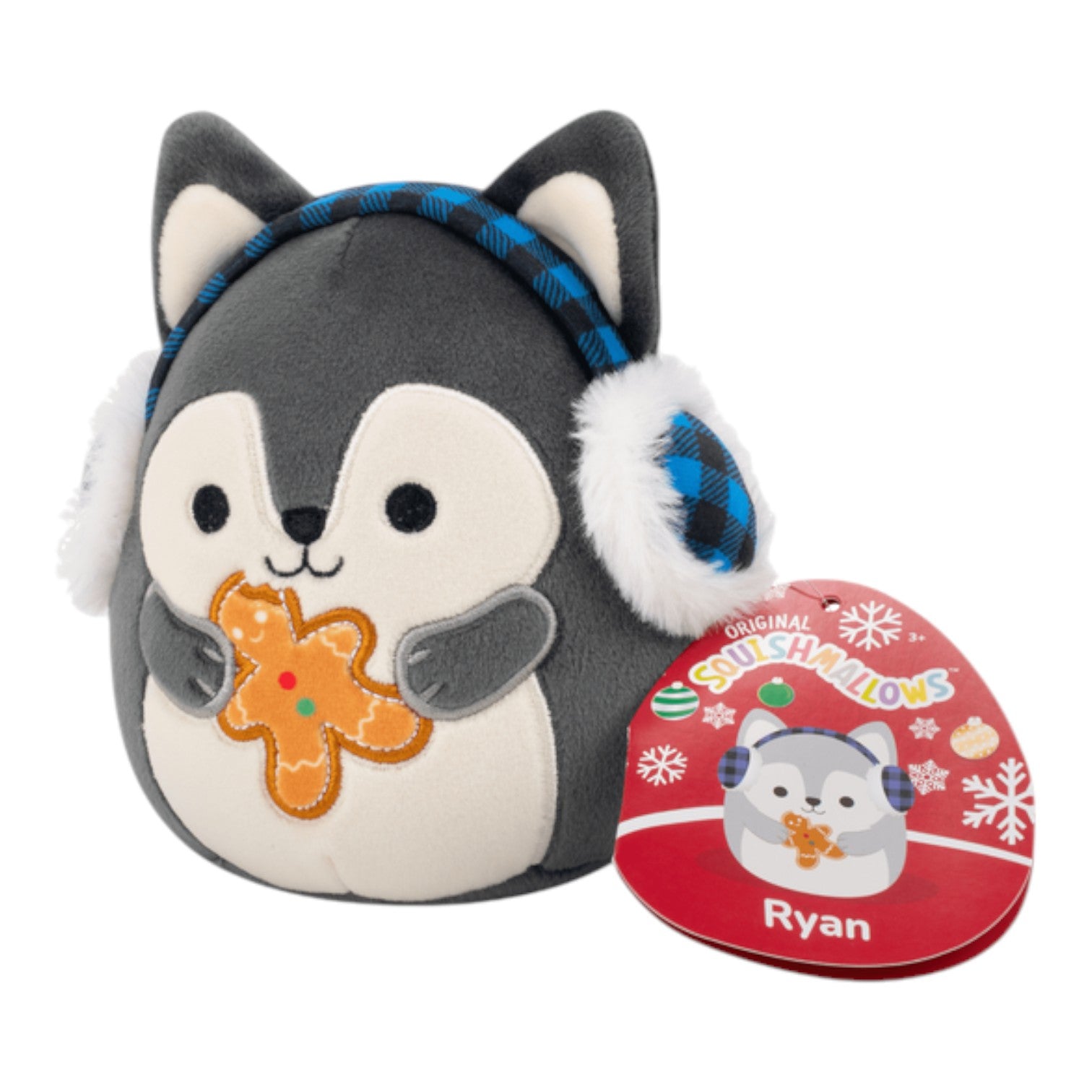 5" holiday squishmallows 2025 Ryan the wolf with blue ear muffs holding a gingerbread man