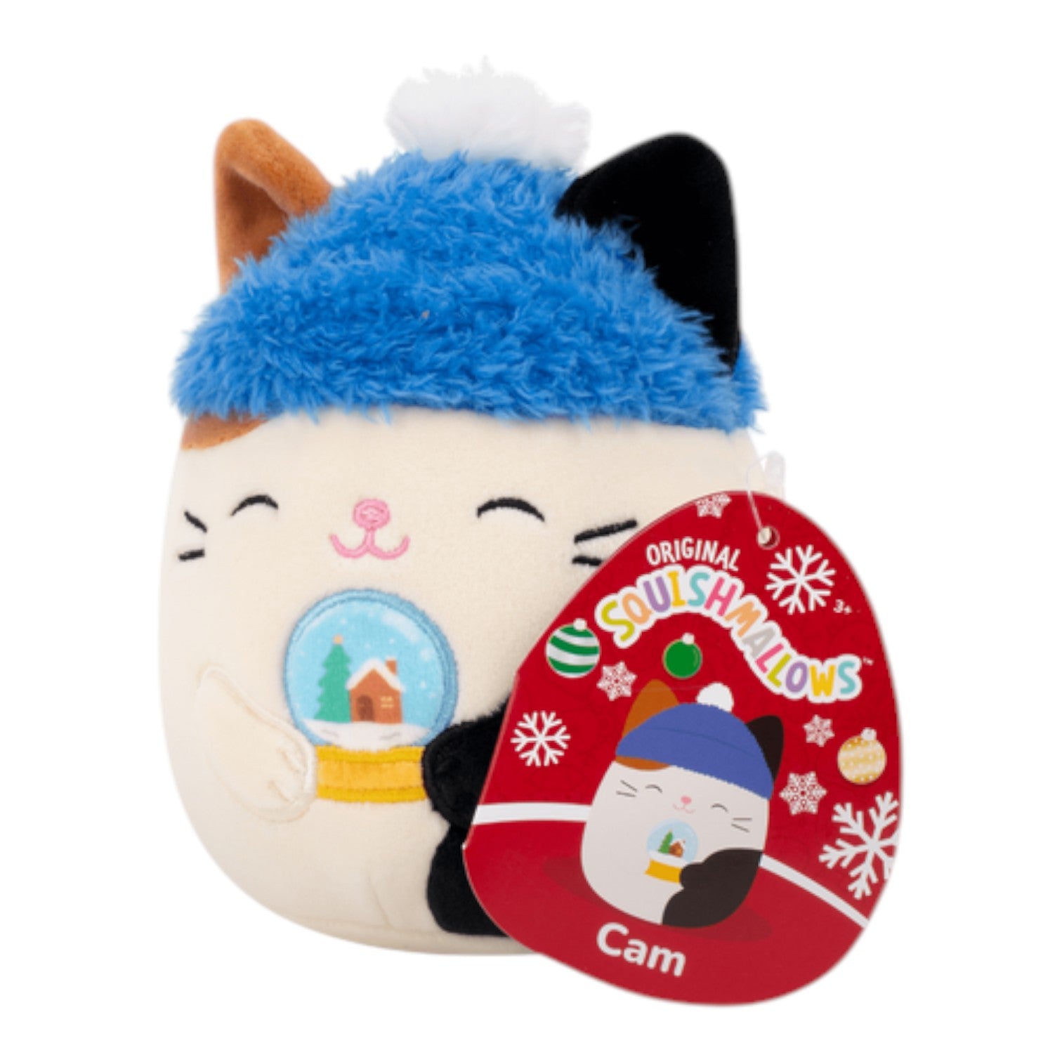 5" holiday Squishmallows 2025 Cam the Cat wearing a fuzzy blue winter hat and holding a snowglobe