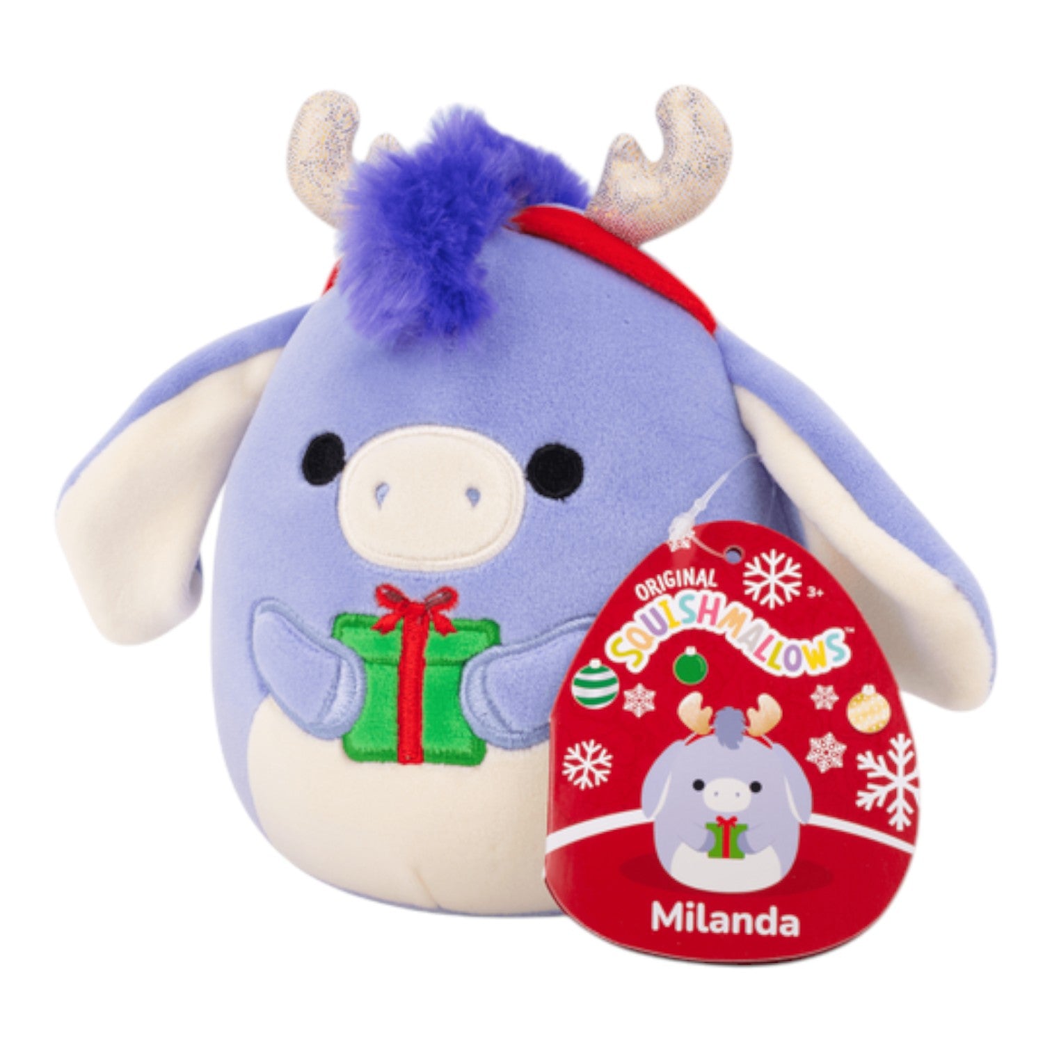 5" holiday Squishmallows 2025 Milanda purple donkey with a silver antler headband holding a green present