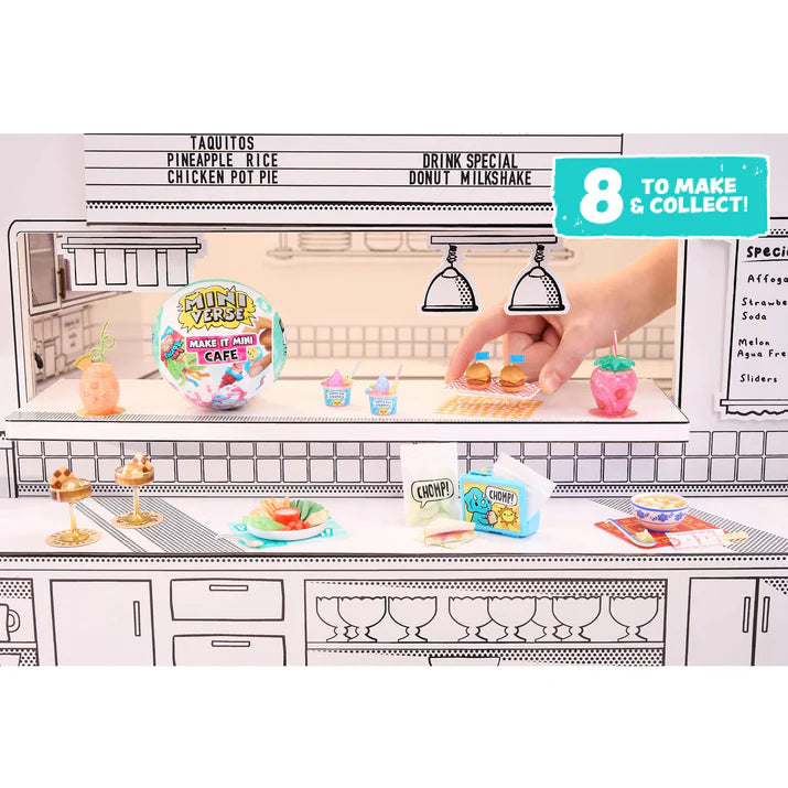 Toy cafe set with miniature food items and a hand interacting with it, on a white background.