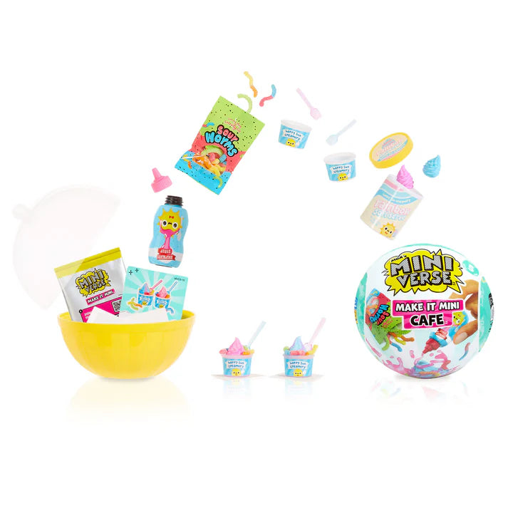 Product view of MGA's Miniverse Make It Mini Cafe Series 5 ball with floating mini ingredients like sour worms, ice cream cups, and resin bottles.