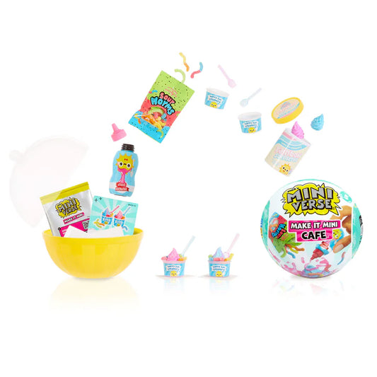 Product view of MGA's Miniverse Make It Mini Cafe Series 5 ball with floating mini ingredients like sour worms, ice cream cups, and resin bottles.