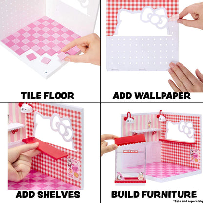 Collage of MGA Miniverse Make It Mini Spaces Hello Kitty miniature playset with pink panels and accessories