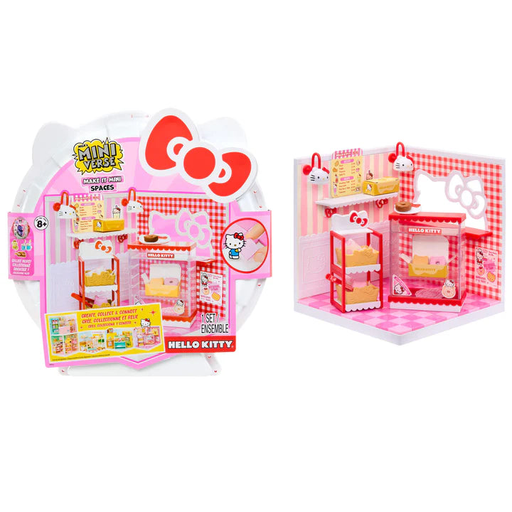 MGA Miniverse Make It Mini Spaces Hello Kitty miniature playset with pink panels and accessories with packaging on a white background