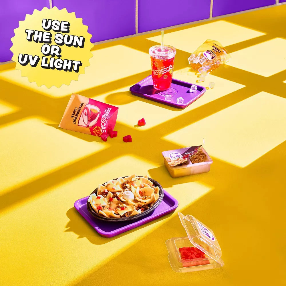 Colorful food items on a yellow surface with text about using sunlight or UV light.