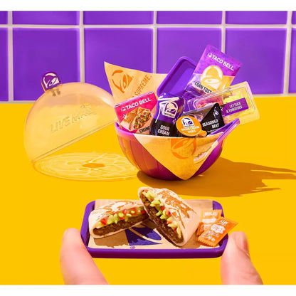 Taco Bell food items and packaging on a yellow and purple background