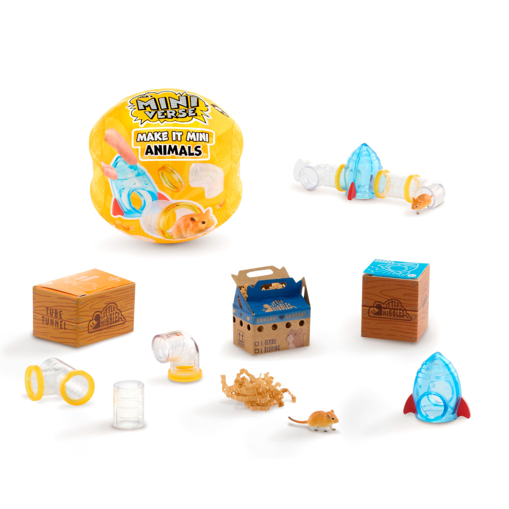 MGA's Miniverse Make It Mini Animals Series 2 surprise capsule and crafted miniature mouse with a rocket ship tube habitat.