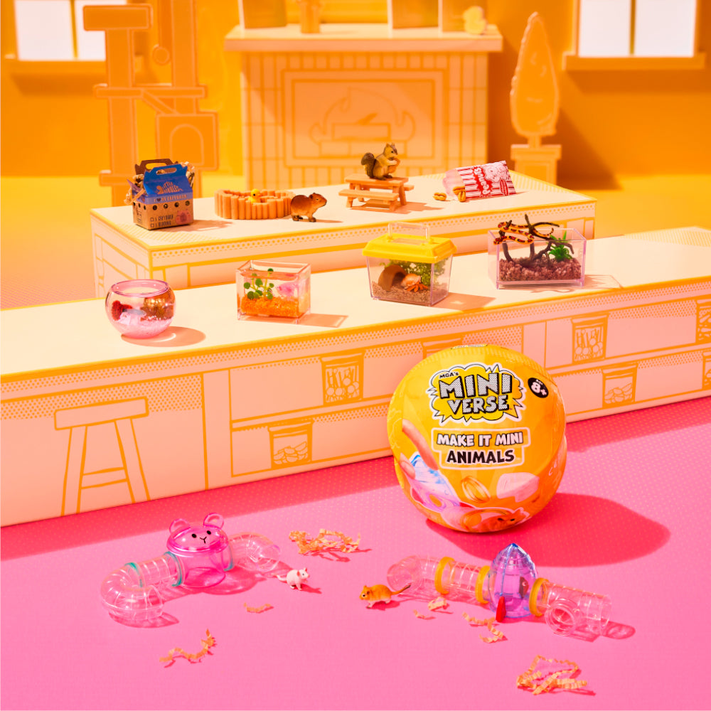 MGA's Miniverse Make It Mini Animals Series 2 surprise capsule and crafted miniature mouse with a rocket ship tube habitat.