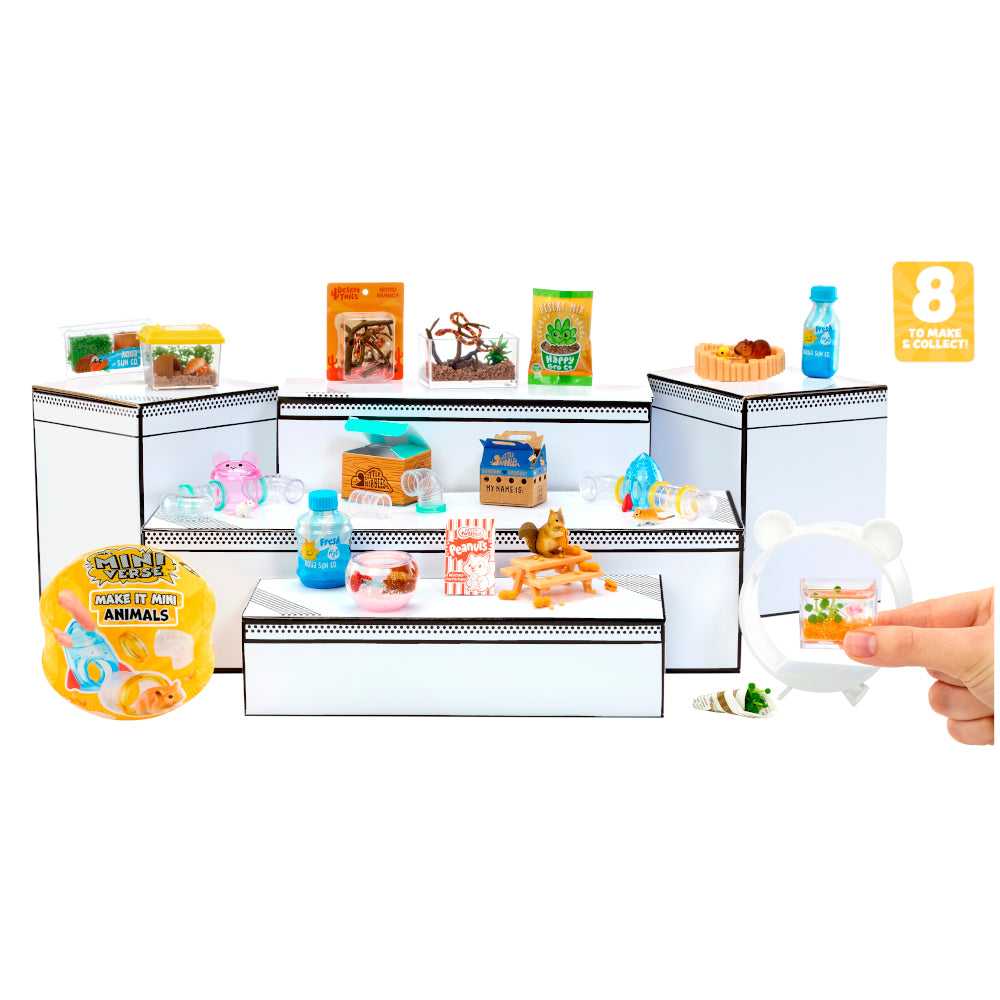 MGA's Miniverse Make It Mini Animals Series 2 surprise capsule and crafted miniature mouse with a rocket ship tube habitat.