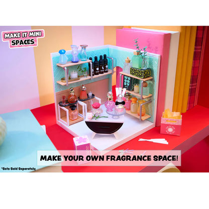 A miniature vanity room display featuring teal walls and shelves stocked with dozens of Miniverse perfume bottles, with a text overlay reading "Make Your Own Fragrance Space."