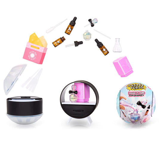 A promotional image showing the Miniverse Make It Mini Fragrances surprise ball bursting open to reveal miniature perfume bottles, scent droppers, and a pink shopping bag.