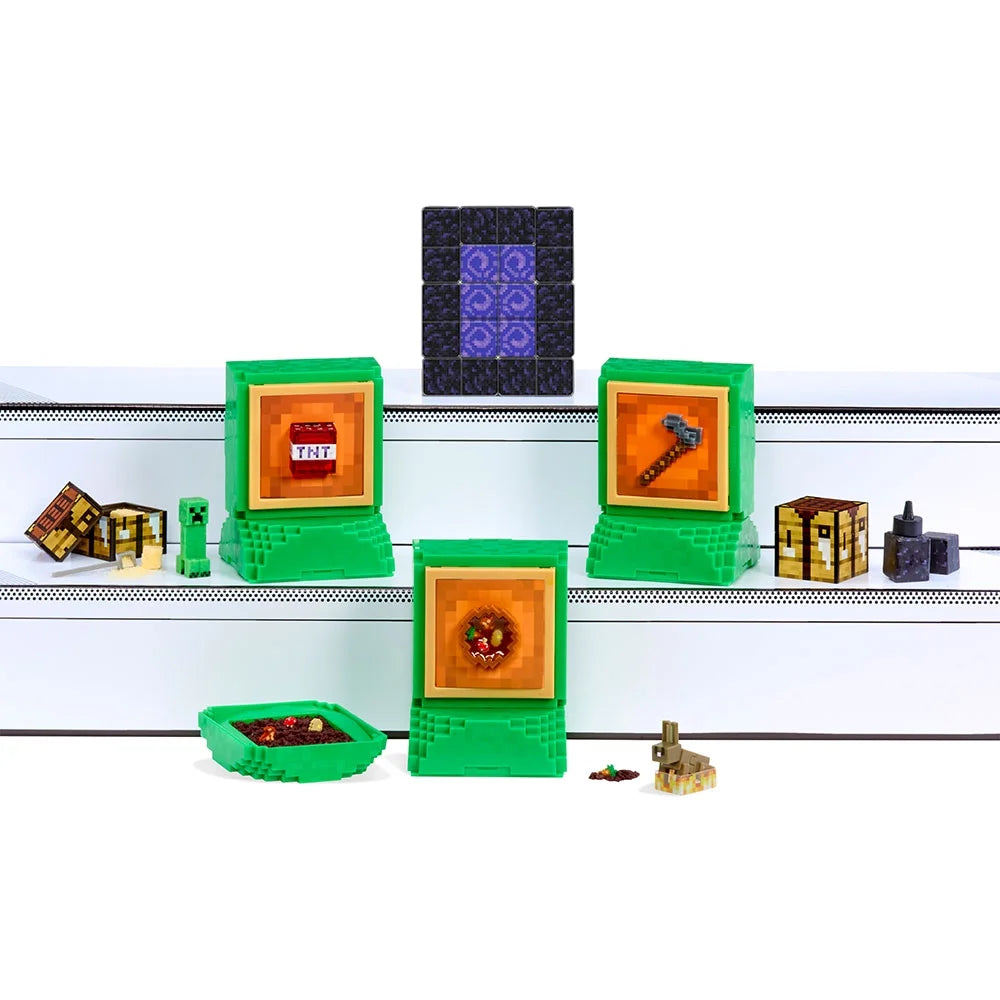 wide shelf display of the entire Miniverse Minecraft Series 1 collection, featuring a large Nether Portal built from the square resin bottles in the center.