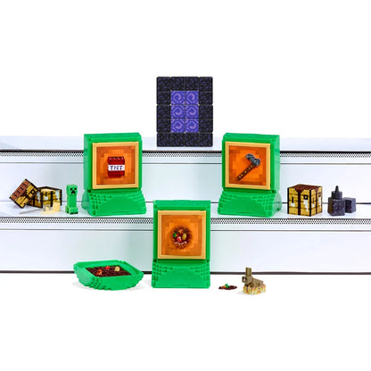 wide shelf display of the entire Miniverse Minecraft Series 1 collection, featuring a large Nether Portal built from the square resin bottles in the center.